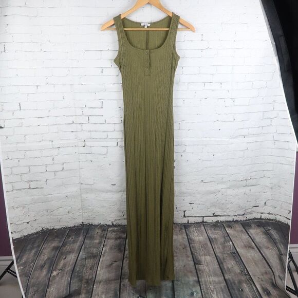 IRIS OLIVE GREEN SLEEVELESS ROUND NECK RIBBED STRETCHY MAXI DRESS SIZE SMALL - Picture 1 of 7